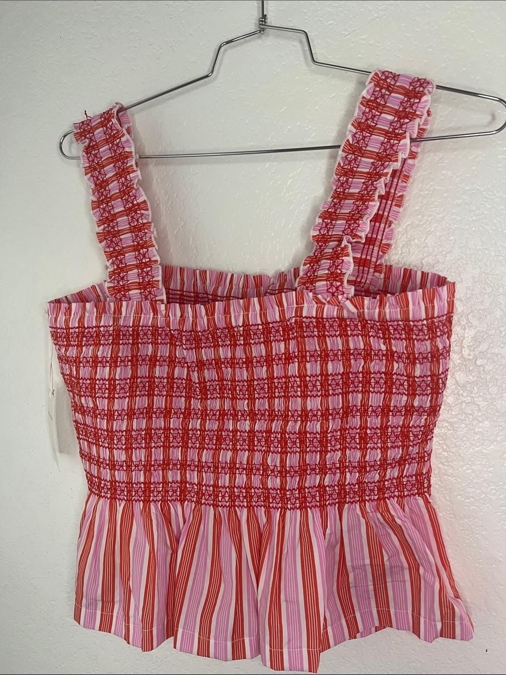 New free assembly Smocked Ruffle-Strap Tank Top - Pink & Orange Stripe large - Picture 7 of 8